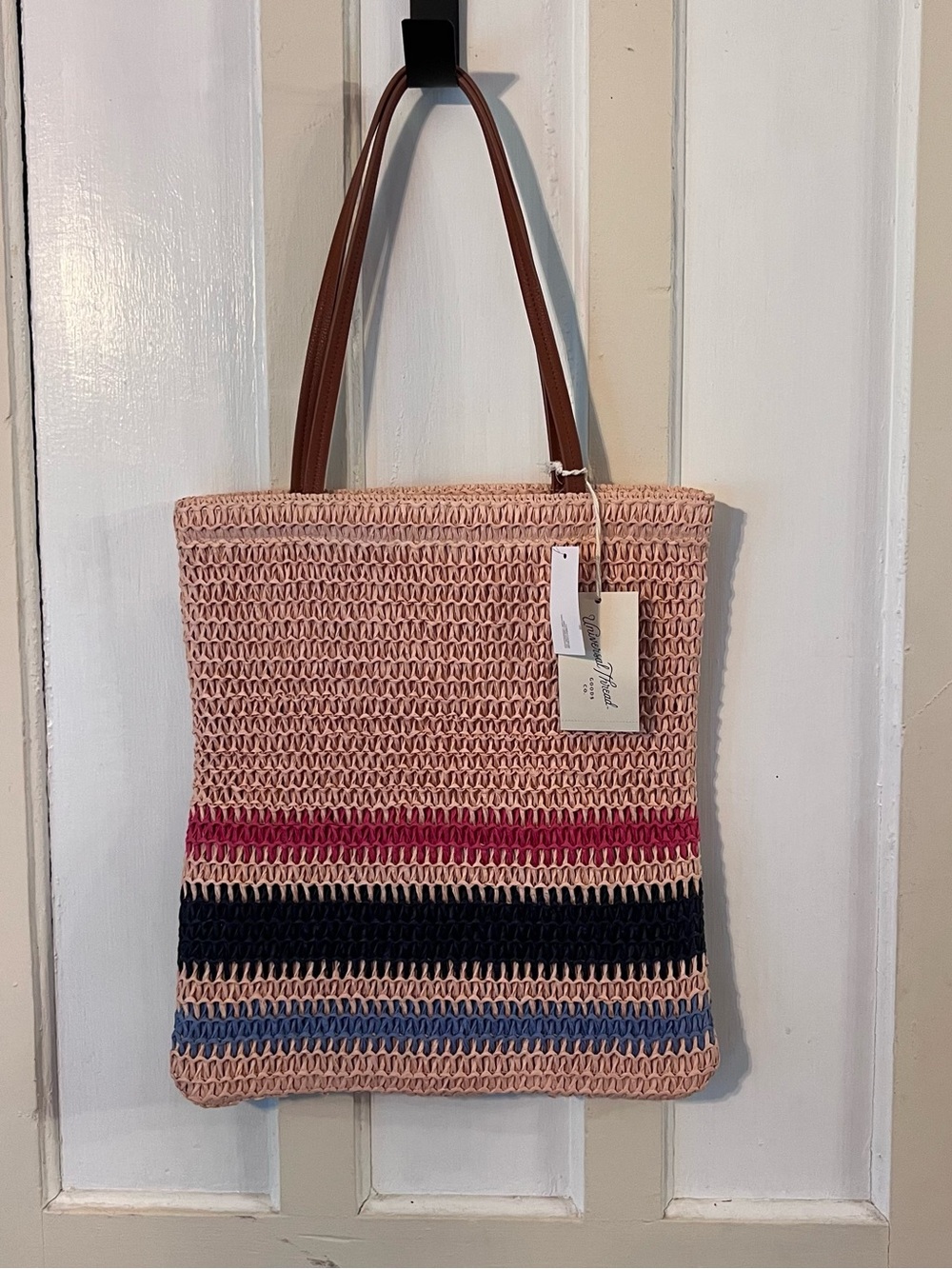 NWT Universal Thread Striped Woven Tote Bag Red Black Blue Straw Beach Target